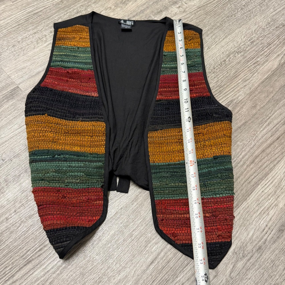 AJNY Woven Leather Vest Medium Earth Tone Striped Boho‎ Open Front Tie Back - Picture 6 of 11